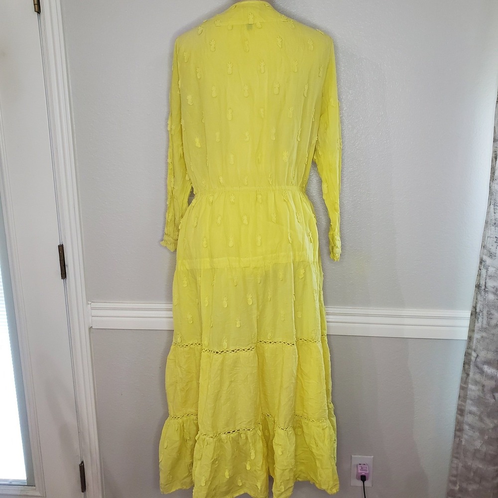 Farm Rio Yellow Pineapple Embroidered Tiered Maxi Dress Large Boho Tropical - Picture 4 of 11